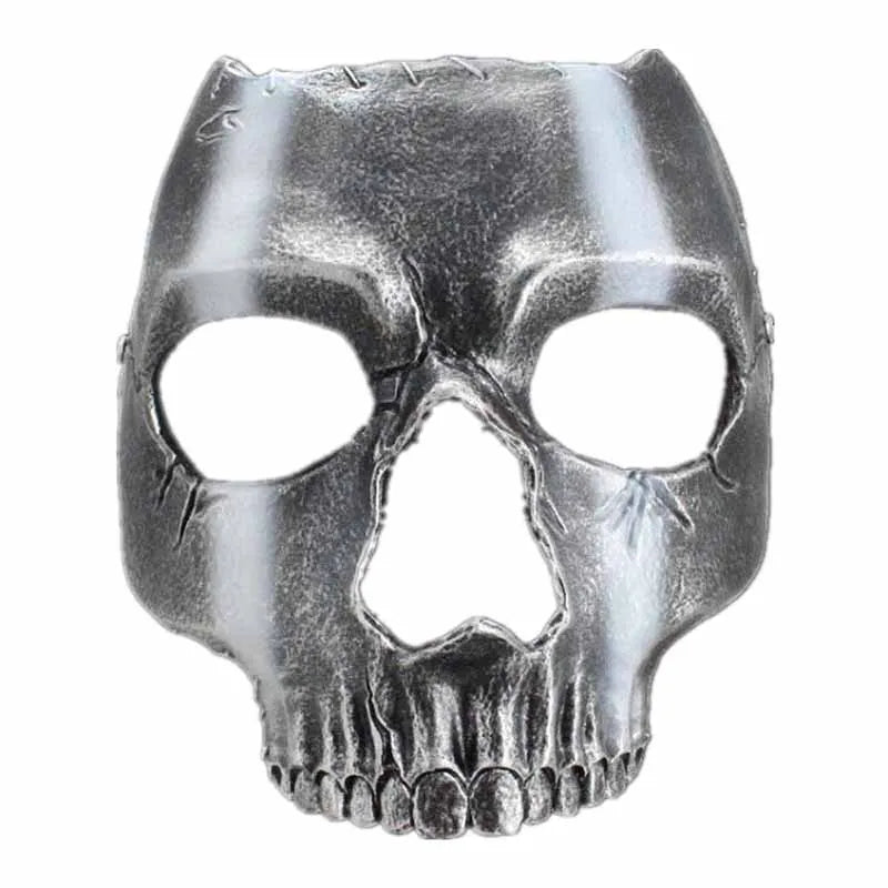 A silver resin full face mask shaped like a human skull for Halloween