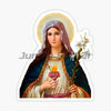 A religious image of the Virgin Mary with a halo, wearing a purple veil and holding a branch of white flowers.