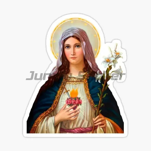 A religious image of the Virgin Mary with a halo, wearing a purple veil and holding a branch of white flowers.