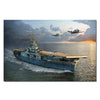 A battleship sails on the ocean with fighter jets flying above during sunset.
