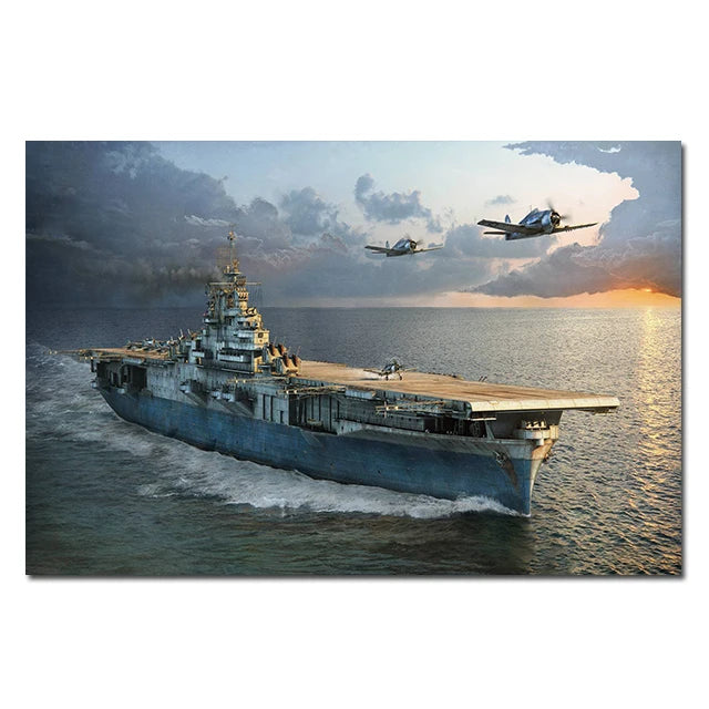 A battleship sails on the ocean with fighter jets flying above during sunset.