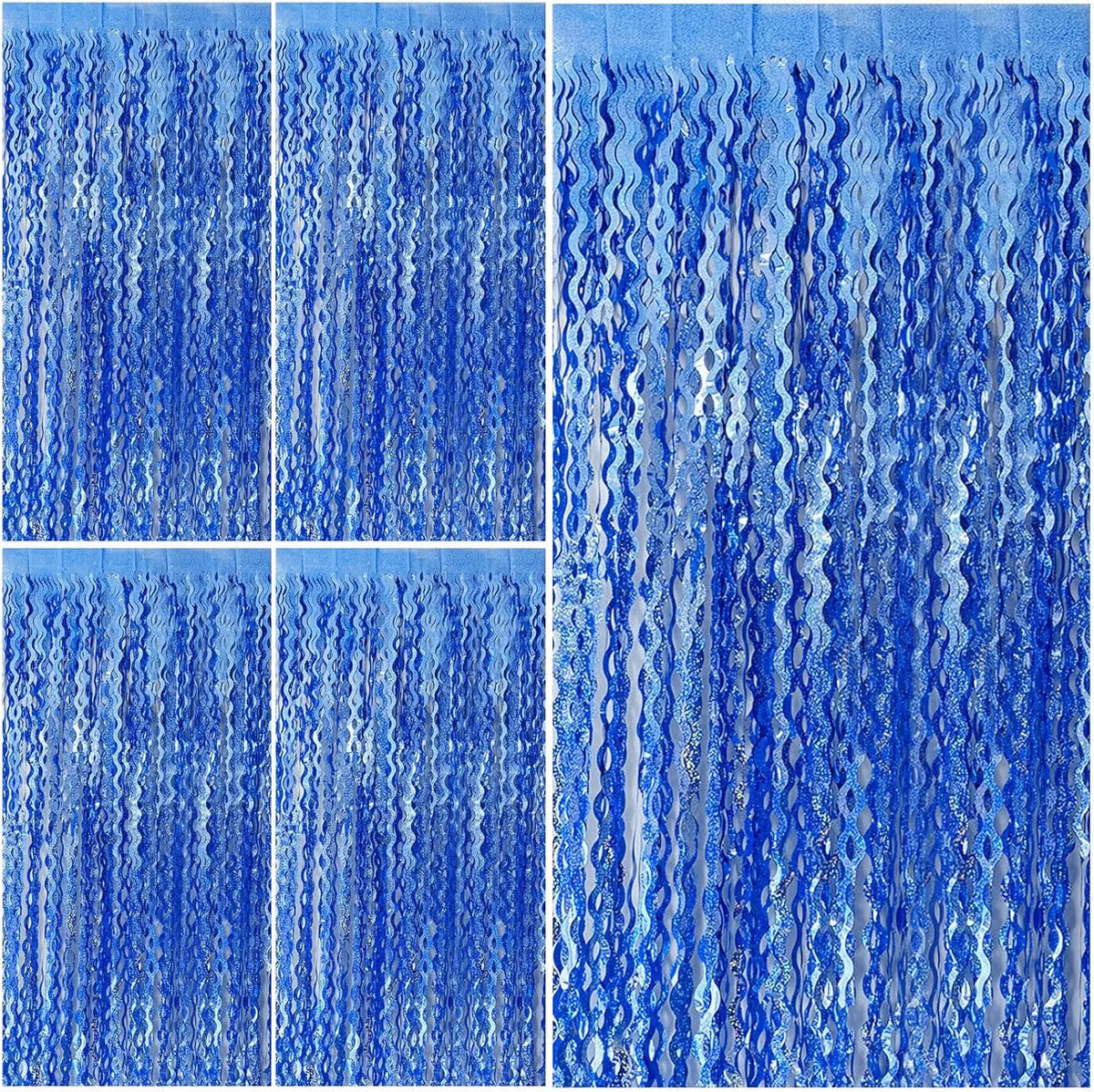 Blaue Tinselfransen-Hintergrundvorhänge mit vertikalen Strängen aus blauem und silbernem Material