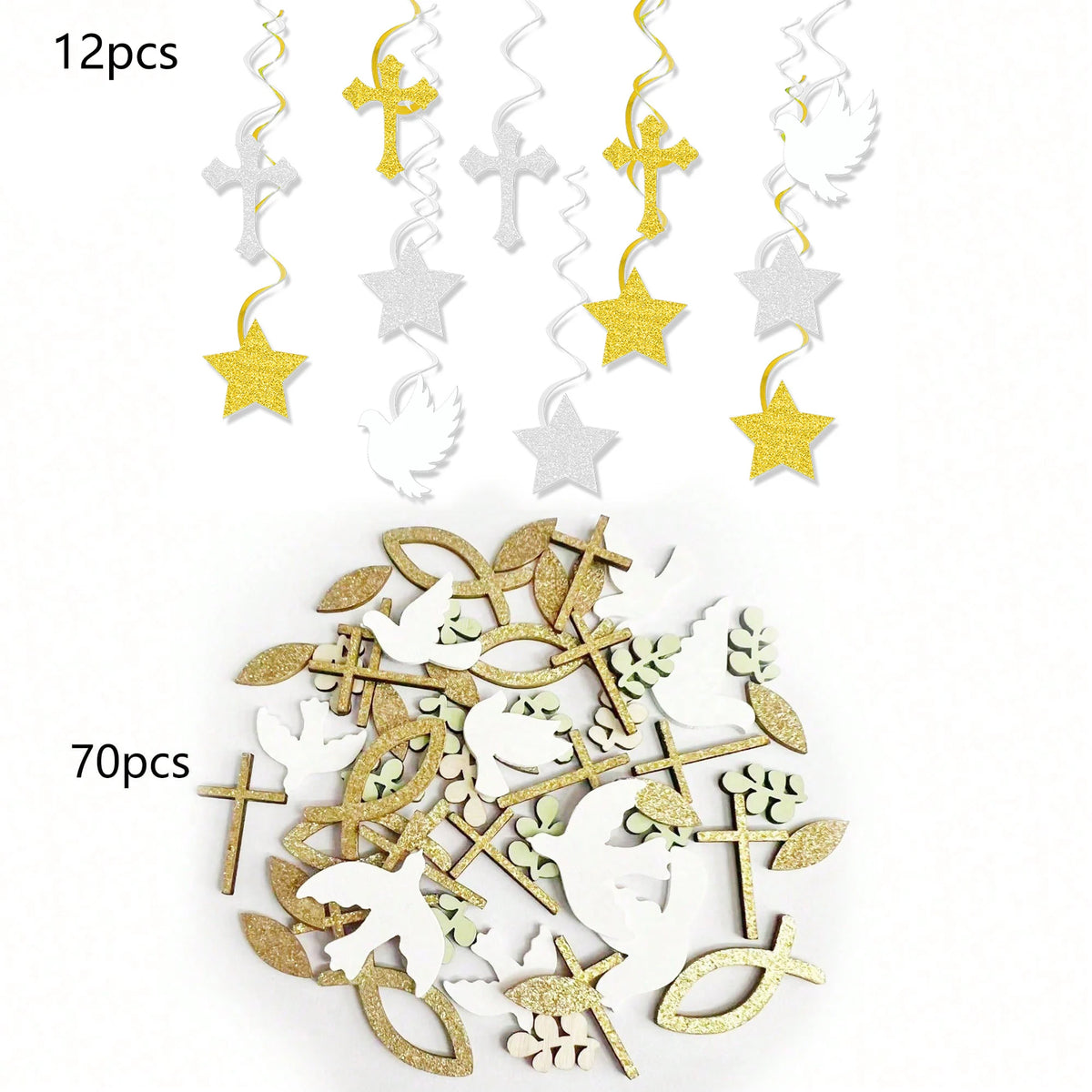 A set of faith and celebration party decor featuring gold and silver crosses, stars, and leaves.