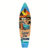 A surfboard-shaped wooden wall decor sign featuring a tropical sunset scene with palm trees and a vintage car.