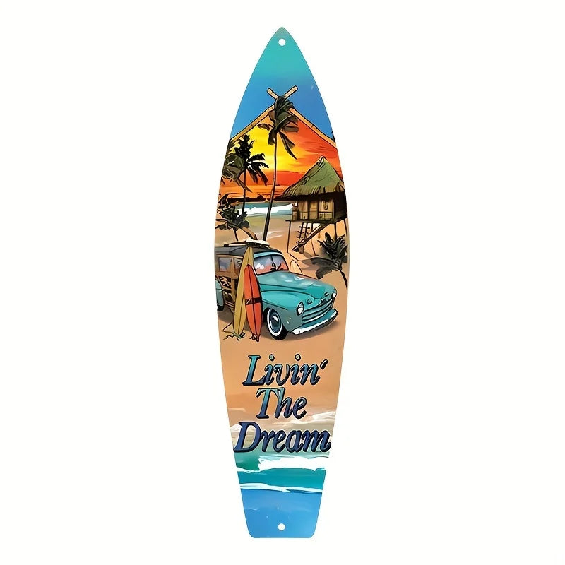 A surfboard-shaped wooden wall decor sign featuring a tropical sunset scene with palm trees and a vintage car.