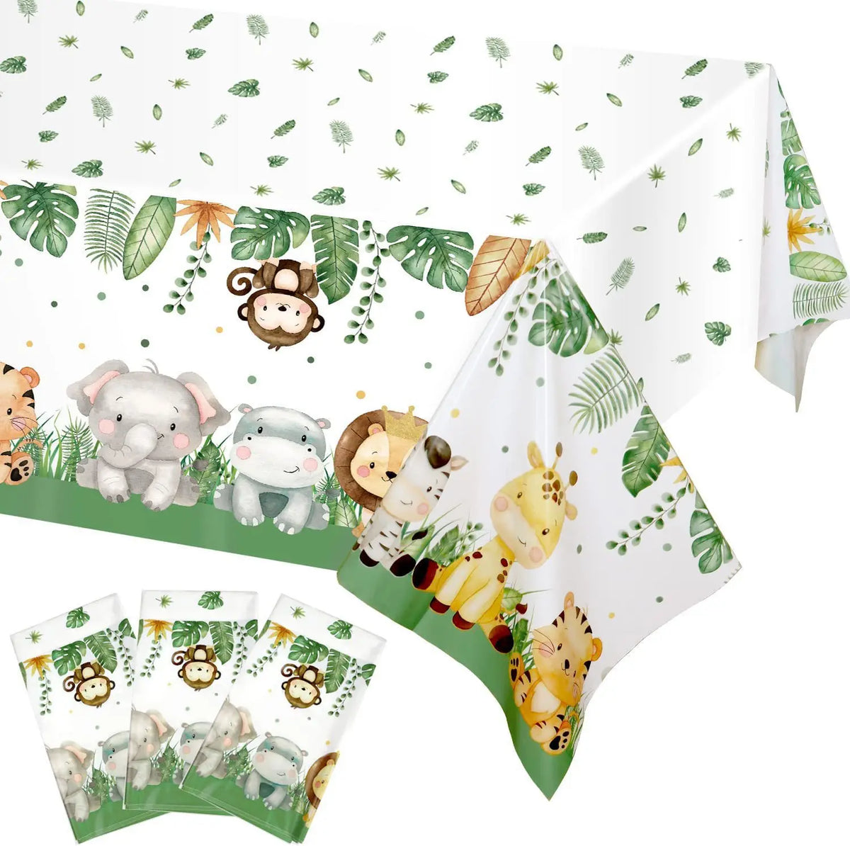 A white fabric banner featuring a jungle safari pattern with various animal illustrations and green foliage.