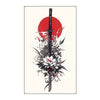 A vertical banner featuring a red sun background with a black katana and surrounding floral elements.