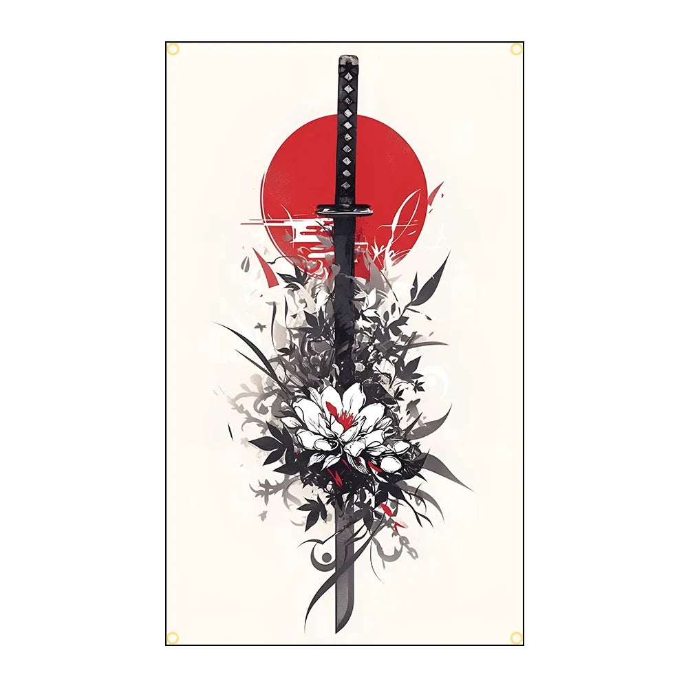 A vertical banner featuring a red sun background with a black katana and surrounding floral elements.