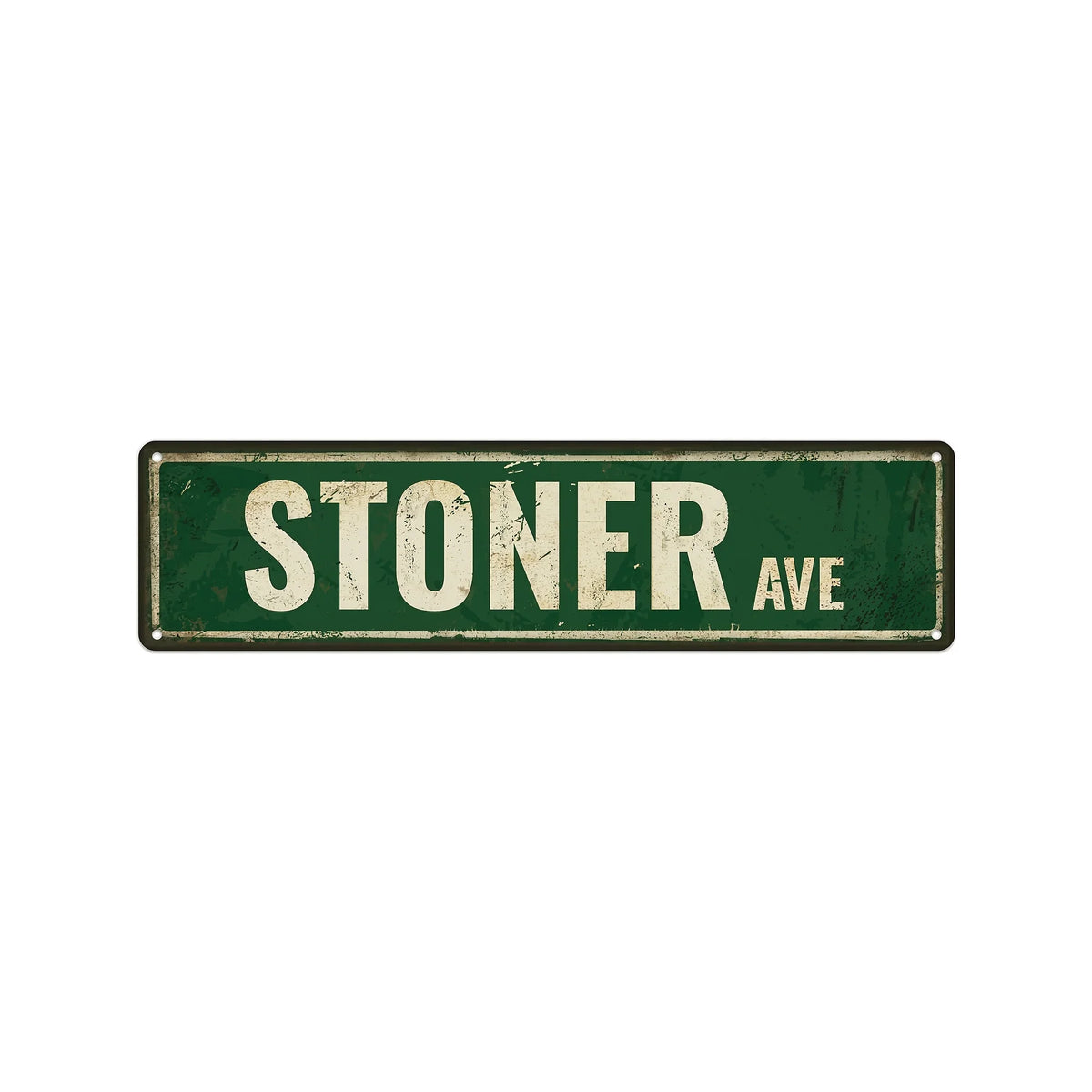 A weathered, dark green metal sign with the text STONER AVE engraved on it.