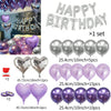 A set of purple and silver heart-shaped birthday balloons and metallic balloons for celebration