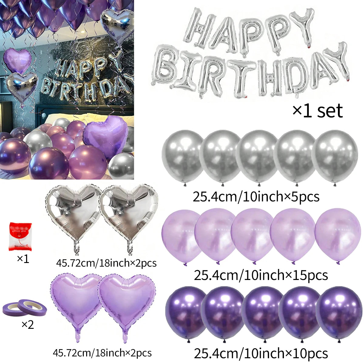 A set of purple and silver birthday balloons including heart-shaped foil balloons and round metallic balloons