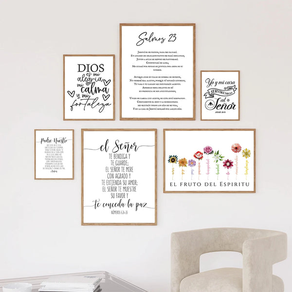 A set of five framed canvas wall art prints featuring Spanish Bible verses like Salmos 23 and Dios mi alegría.