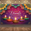 A vibrant Diwali backdrop featuring colorful floral borders and glowing earthen lamps on a purple background.
