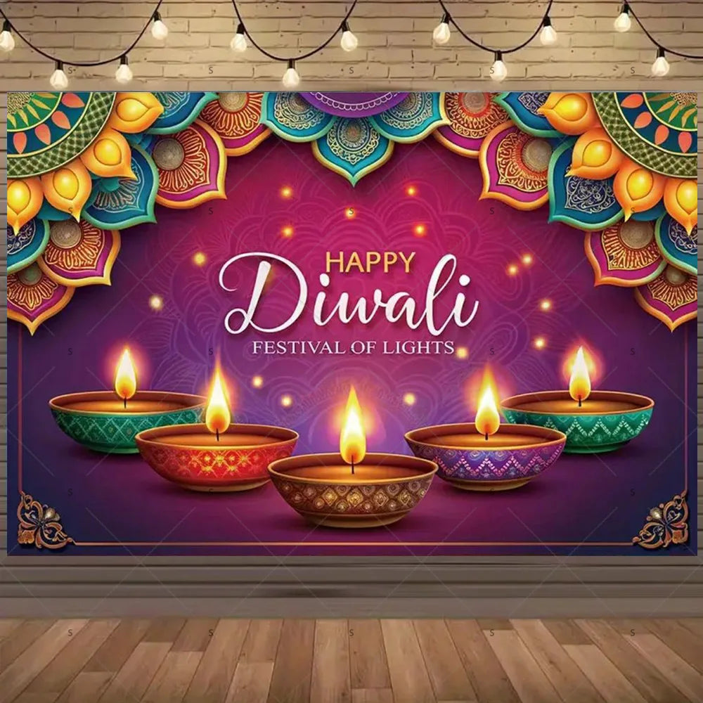 A vibrant Diwali backdrop featuring colorful floral borders and glowing earthen lamps on a purple background.