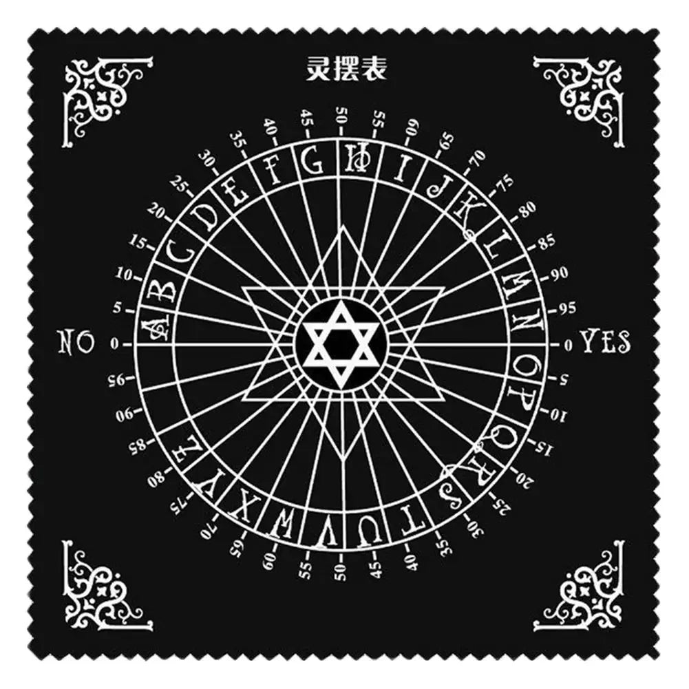 A black pentagram design with letters and a star pattern on a tarot velvet tablecloth.
