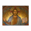 Peinture de Jésus-Christ avec une auréole, entourée de bordures décoratives et de lettres grecques.