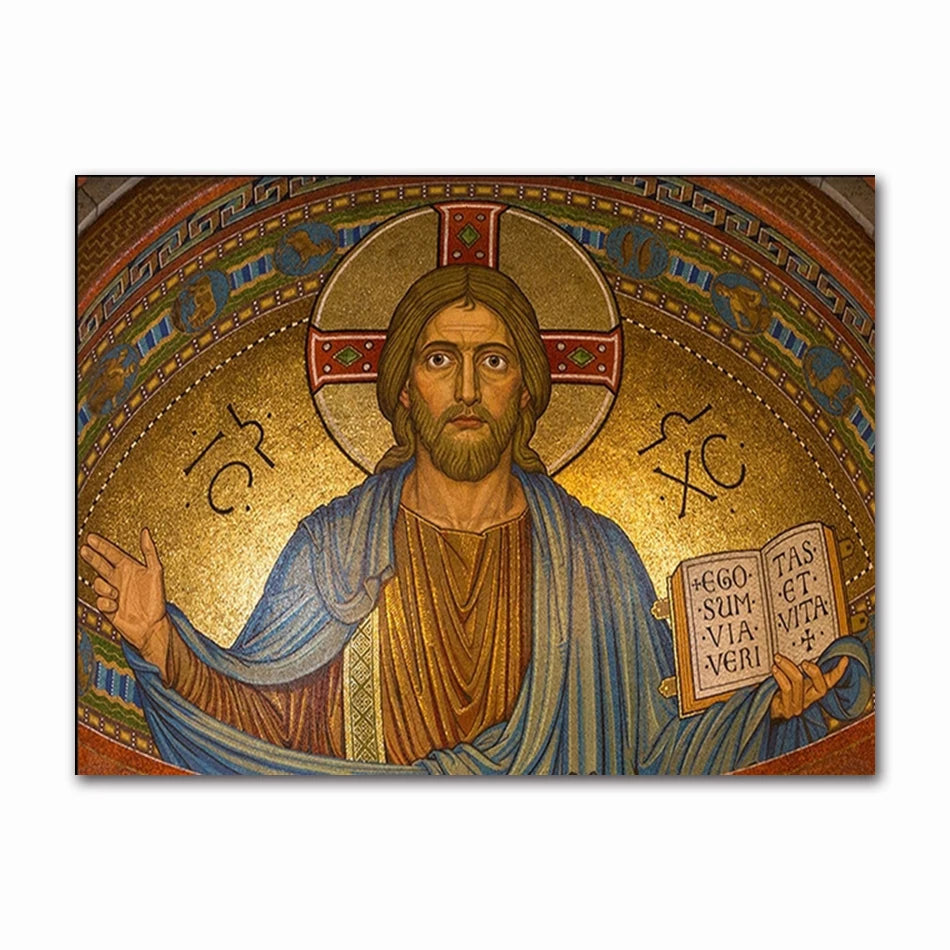 Peinture de Jésus-Christ avec une auréole, entourée de bordures décoratives et de lettres grecques.