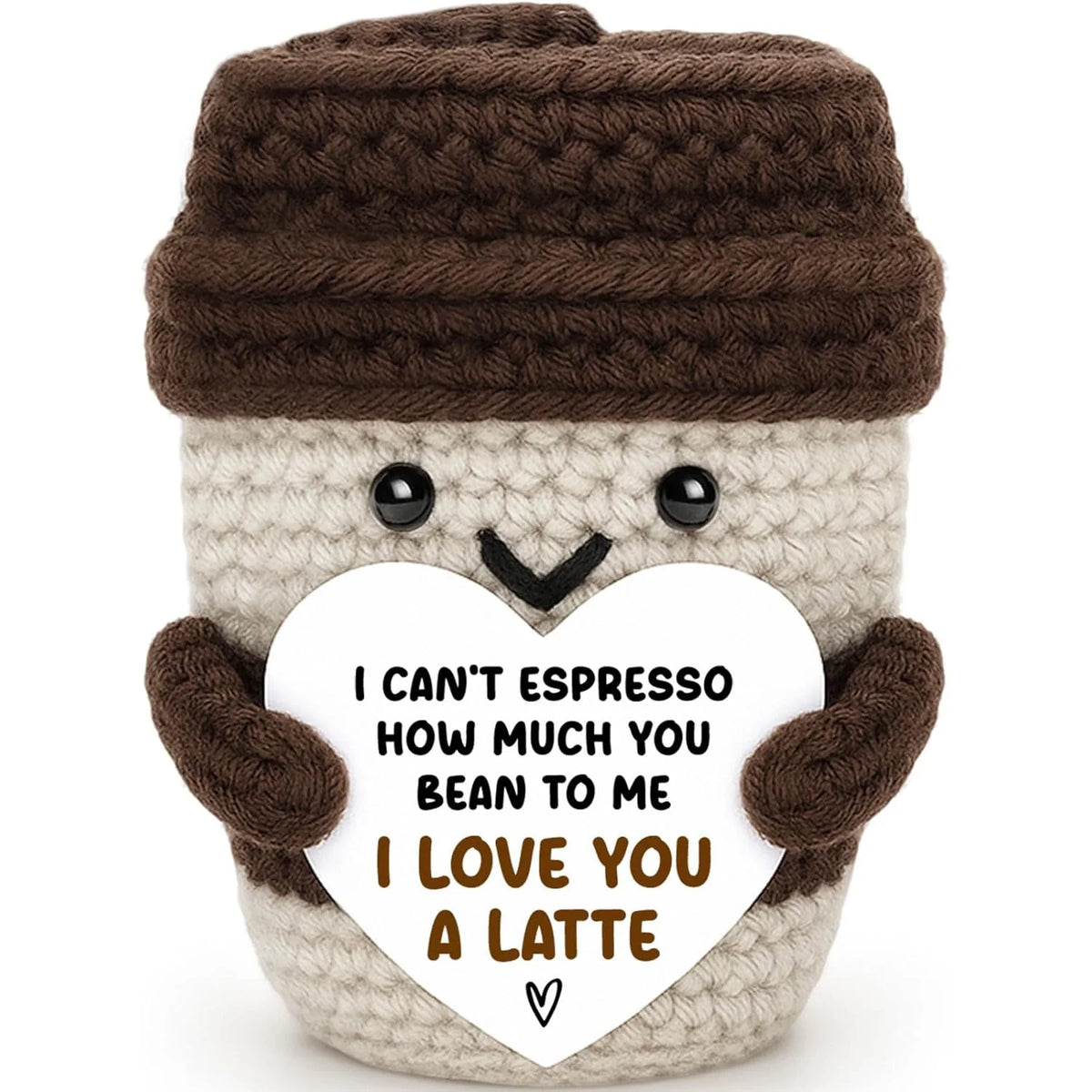 Handwoven knitted coffee cup cozy with a smiling doll decoration in brown and beige tones