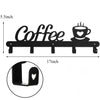 Black wall-mounted coffee mug rack featuring heart hooks for hanging mugs
