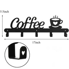 Black wall-mounted coffee mug rack featuring heart hooks for hanging mugs