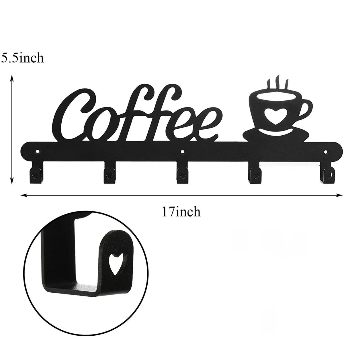 Black wall-mounted coffee mug rack featuring heart hooks for hanging mugs