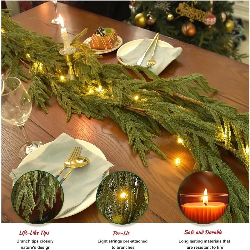 Realistic Norfolk Pine Christmas Garland with optional lights displayed on a wooden table.