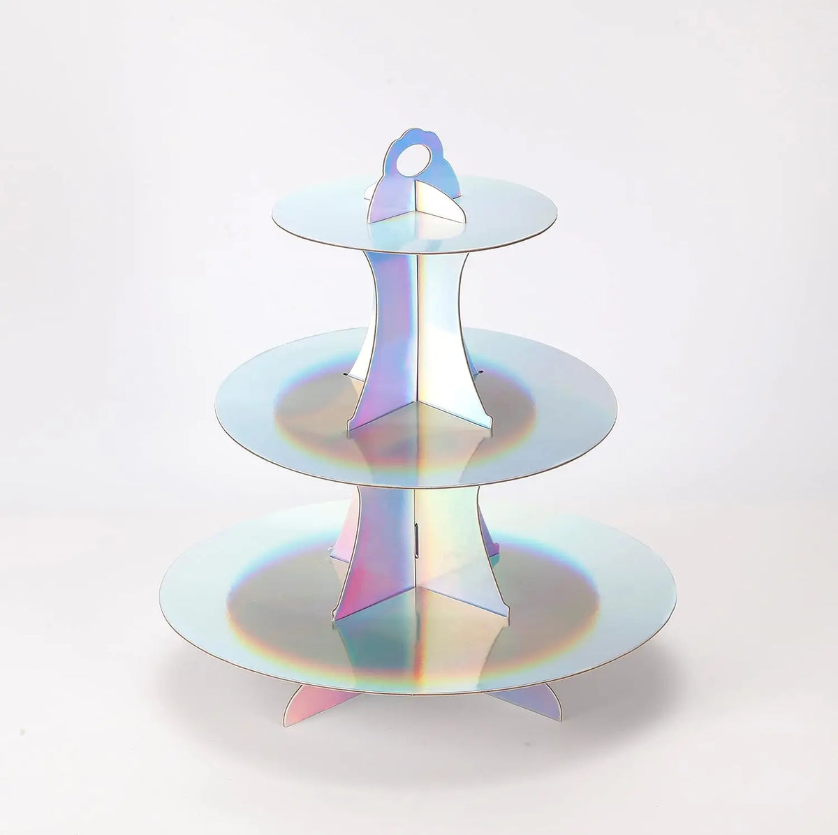 A three-tier rainbow colored cupcake stand with iridescent plastic cups for dessert displays.