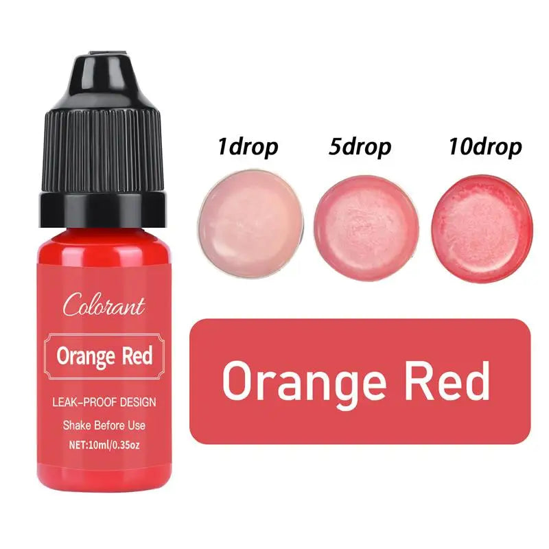 A bottle of Orange Red liquid pigment with dropper tips showing 1, 5, and 10 drops.