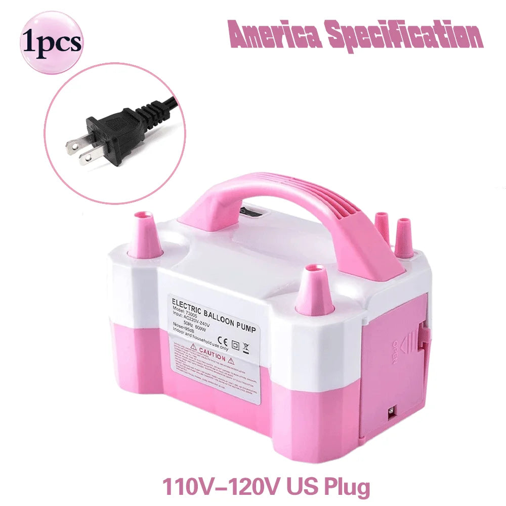 Pompe à air électrique portable rose avec cordon et fiche pour prises américaines.