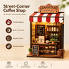 A wooden puzzle depicting a street-corner coffee shop with a striped awning and various coffee items.