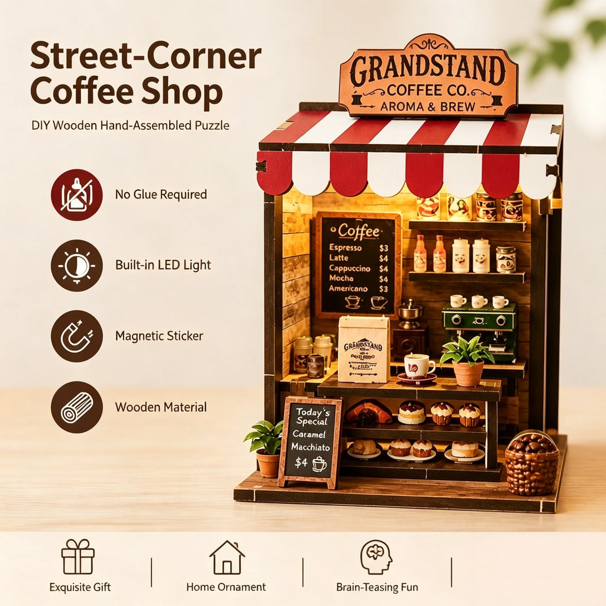 A wooden puzzle depicting a street-corner coffee shop with a striped awning and various coffee items.