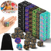 A set of black acrylic dice in various colors and shapes, including a dice bag and some loose dice.