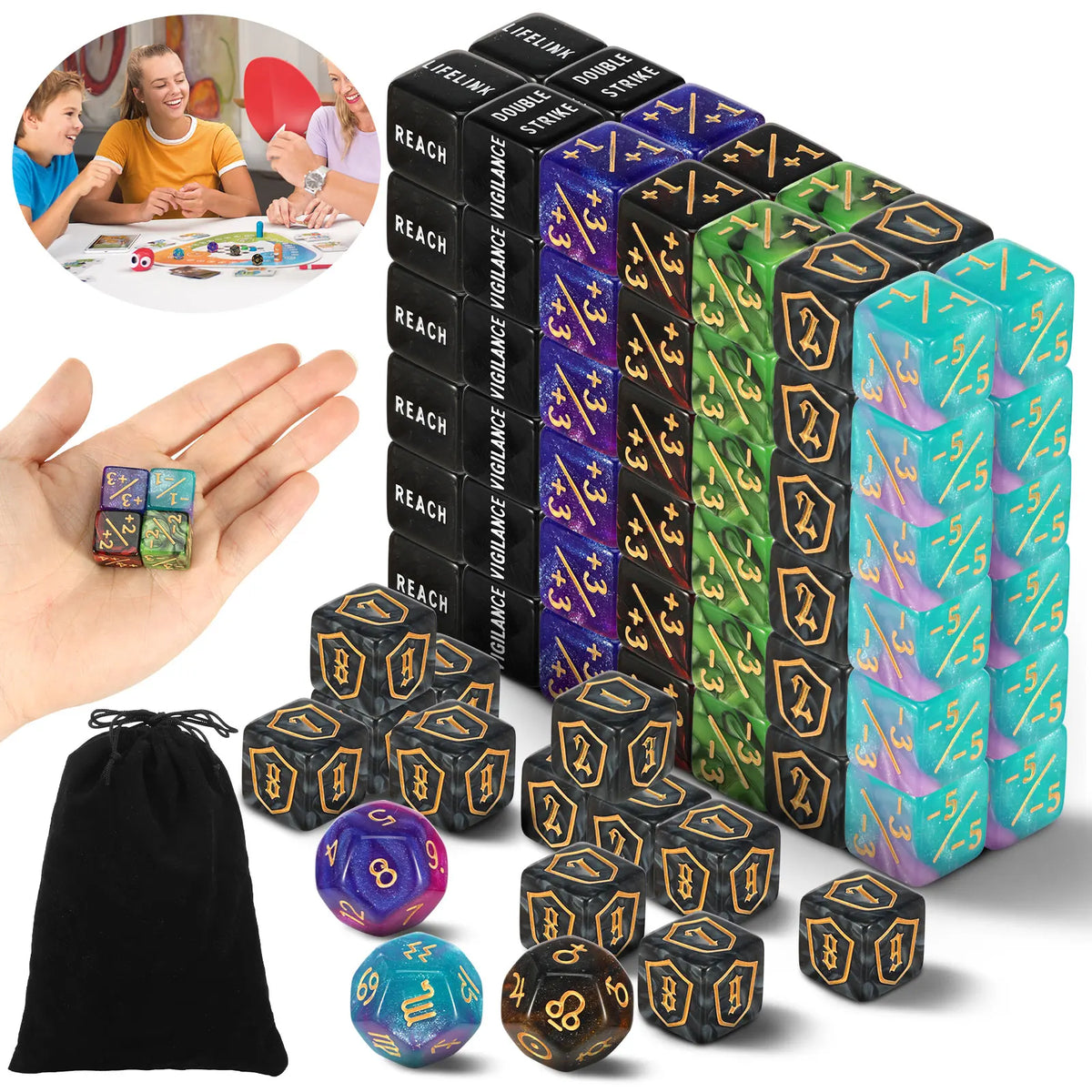 A set of black acrylic dice in various colors and shapes, including a dice bag and some loose dice.