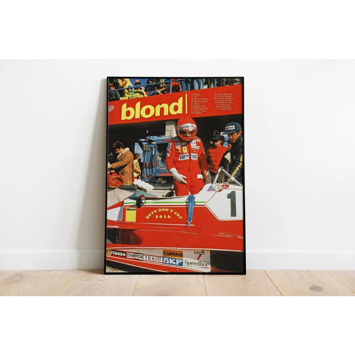 A canvas print featuring promotional imagery related to the blond album and a racing event.