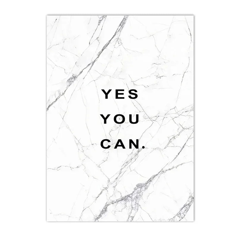 A white marble background with a gray crack pattern featuring the motivational quote YES YOU CAN.