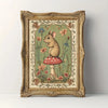 Vintage canvas print featuring a woodland mouse standing on a red and white mushroom in an antique gold frame.