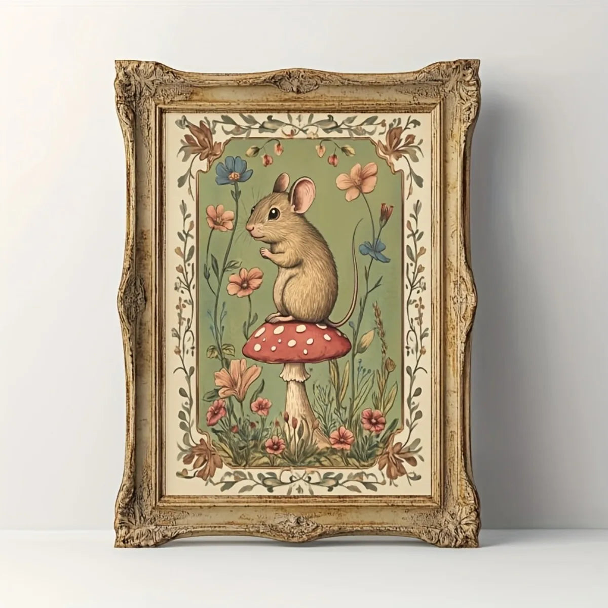Vintage canvas print featuring a woodland mouse standing on a red and white mushroom in an antique gold frame.