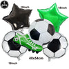 Five black and green soccer balloons, including a football and a soccer shoe, for a party decoration.