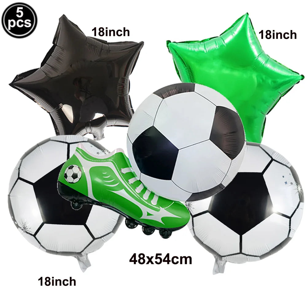 Five black and green soccer balloons, including a football and a soccer shoe, for a party decoration.