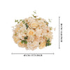 A round bouquet of pale champagne and cream roses and hydrangea flowers.