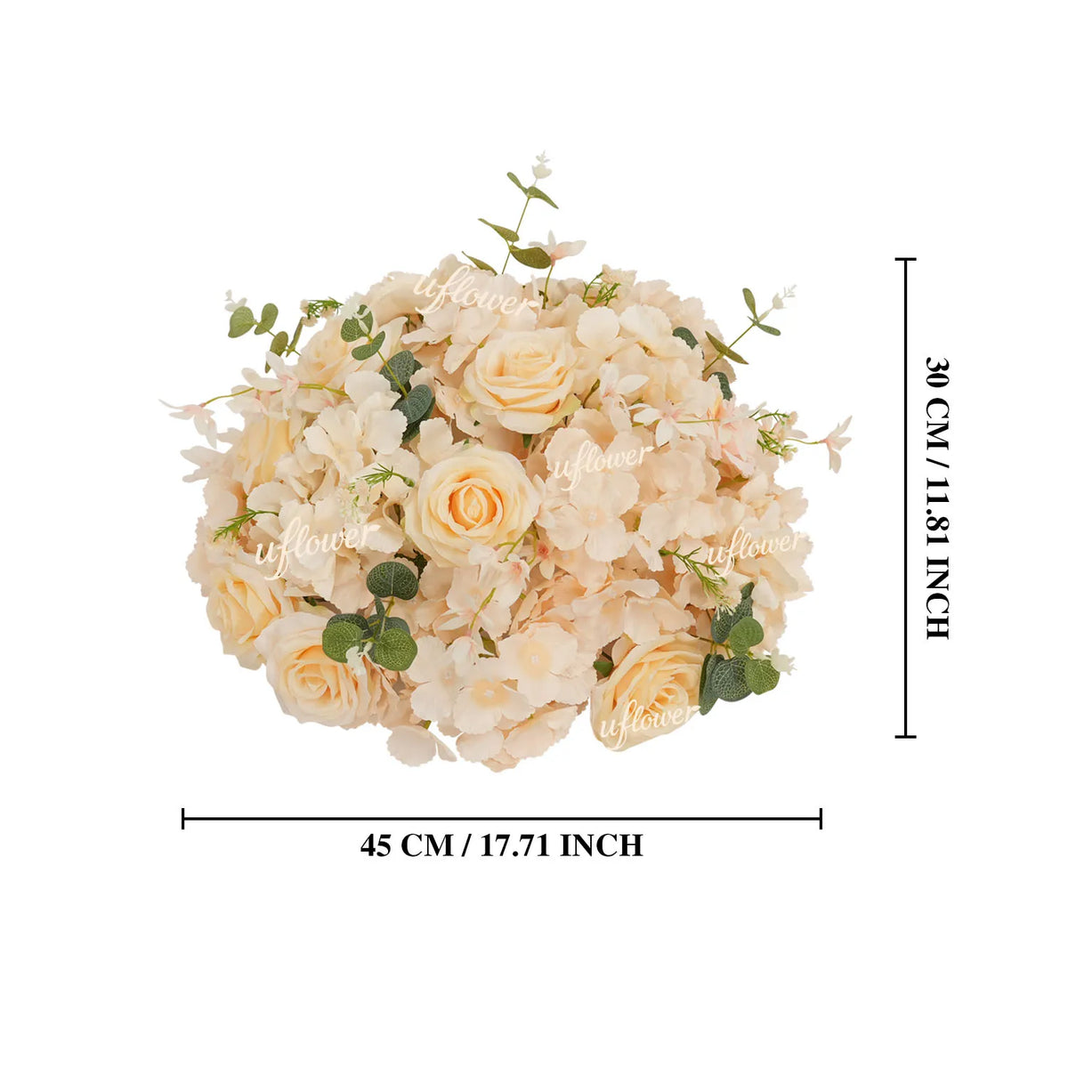 A round bouquet of pale champagne and cream roses and hydrangea flowers.