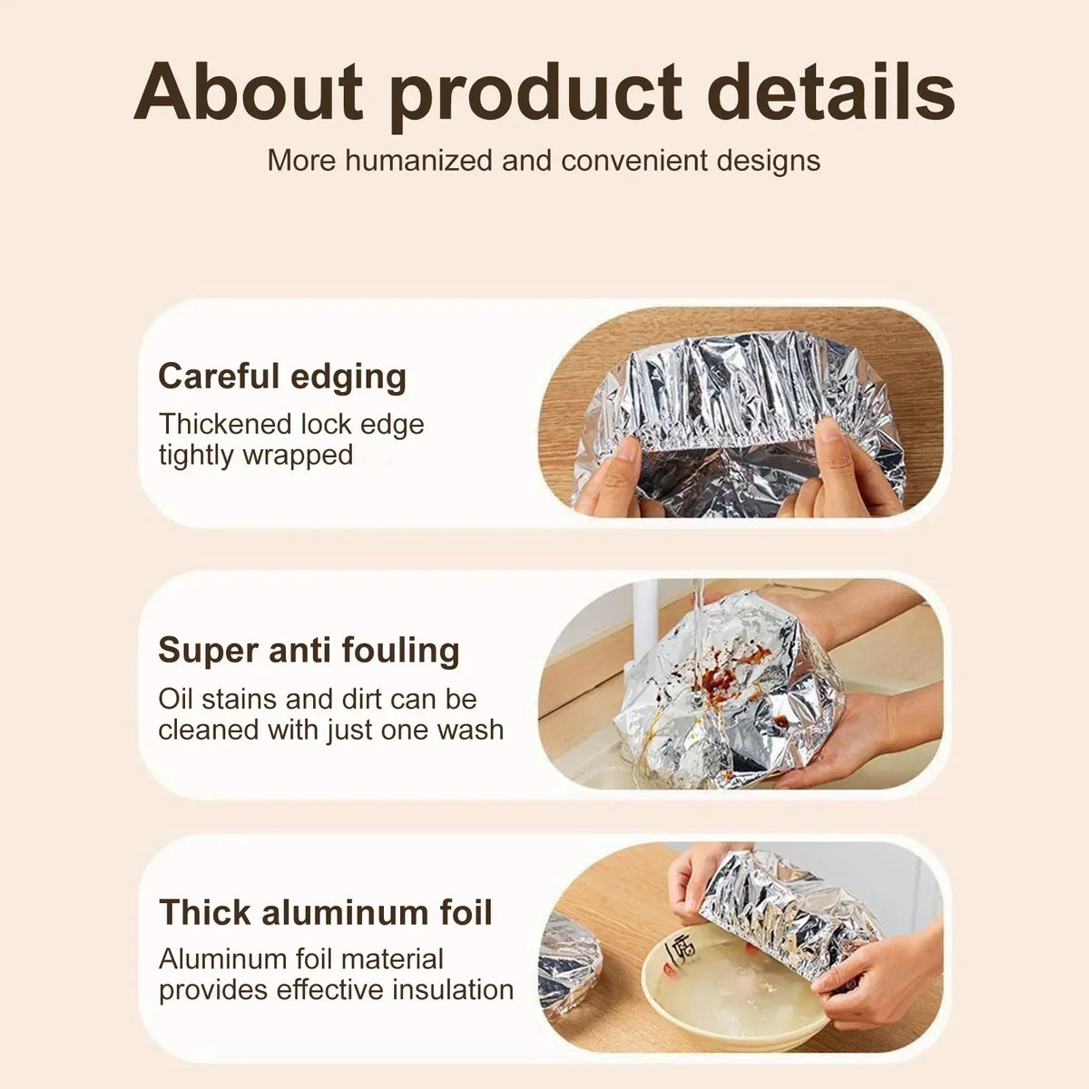 Close-up of reusable aluminum foil bowl covers showing careful edging, anti-fouling properties, and thick insulation.
