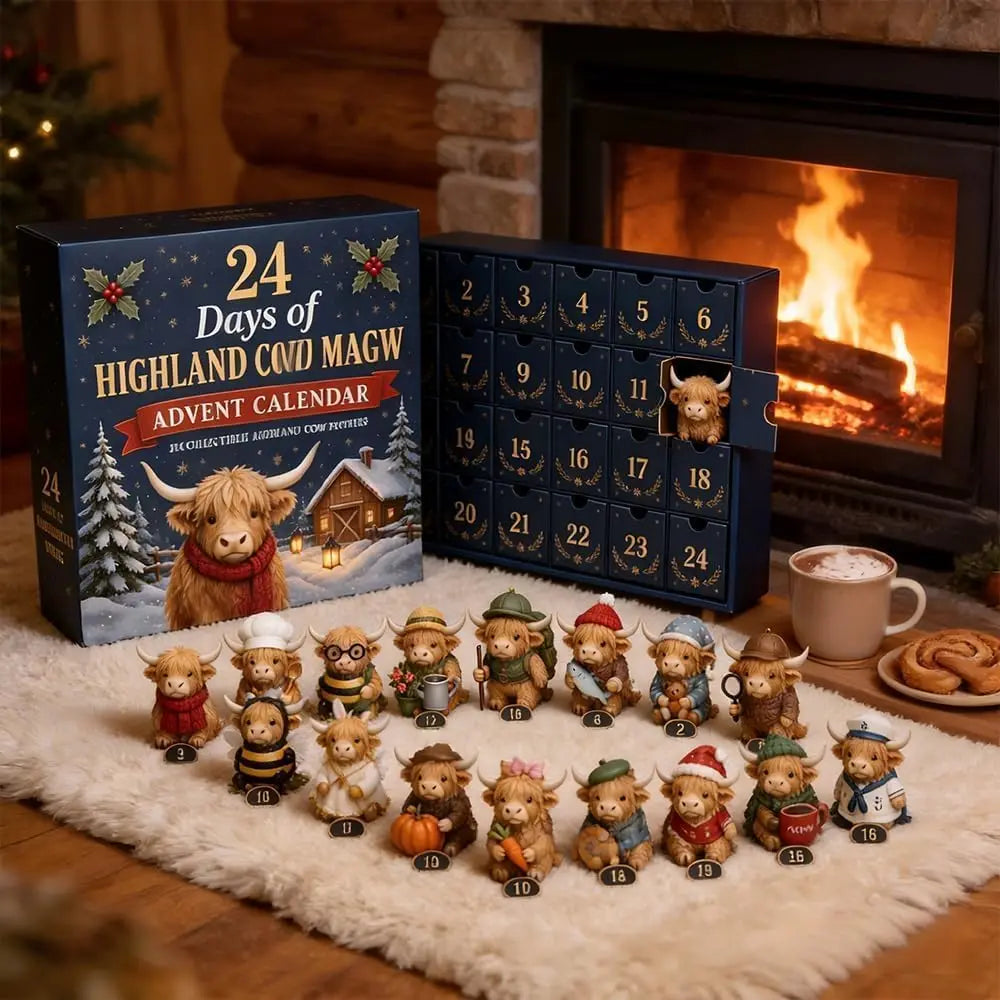 A box of a 24-Day Christmas Advent Calendar featuring Highland cow figurines displayed on a fluffy white rug.