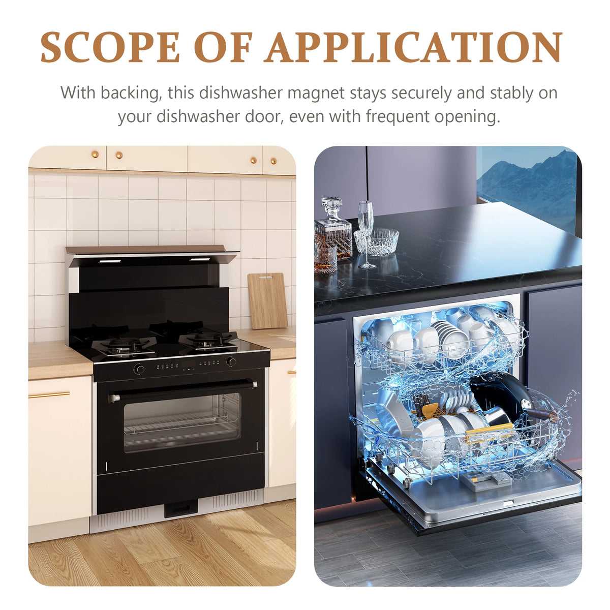 A dishwasher magnet is shown securely attached to a dishwasher door, demonstrating its stable application.