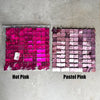 Two sheets of pink shimmer sequins wall backdrop panels, one hot pink and one pastel pink.