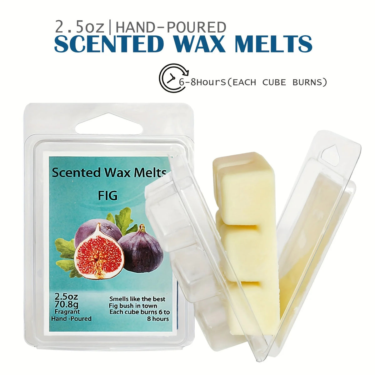 A package of 2.5oz hand-poured scented wax melts featuring fig fragrance and several wax cubes.