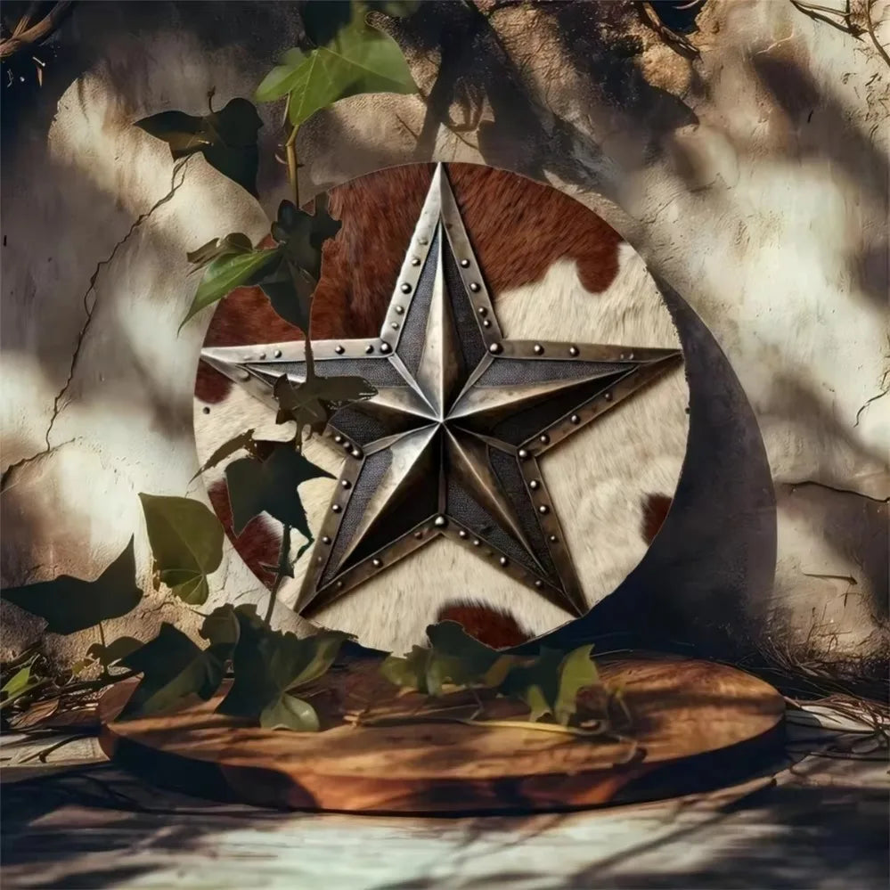 A vintage western cowboy star metal sign is displayed on a wooden slab amidst natural light and foliage.