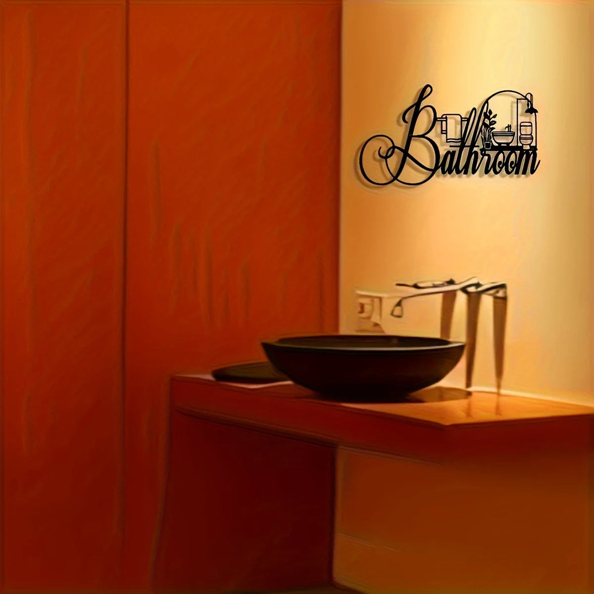 Elegant iron bathroom sign wall art with vintage style metal plaque mounted on an orange wall above a black bowl.