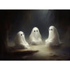 Three ghostly white spirits float in a dark, misty environment against a dim background.