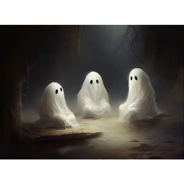 Three ghostly white spirits float in a dark, misty environment against a dim background.